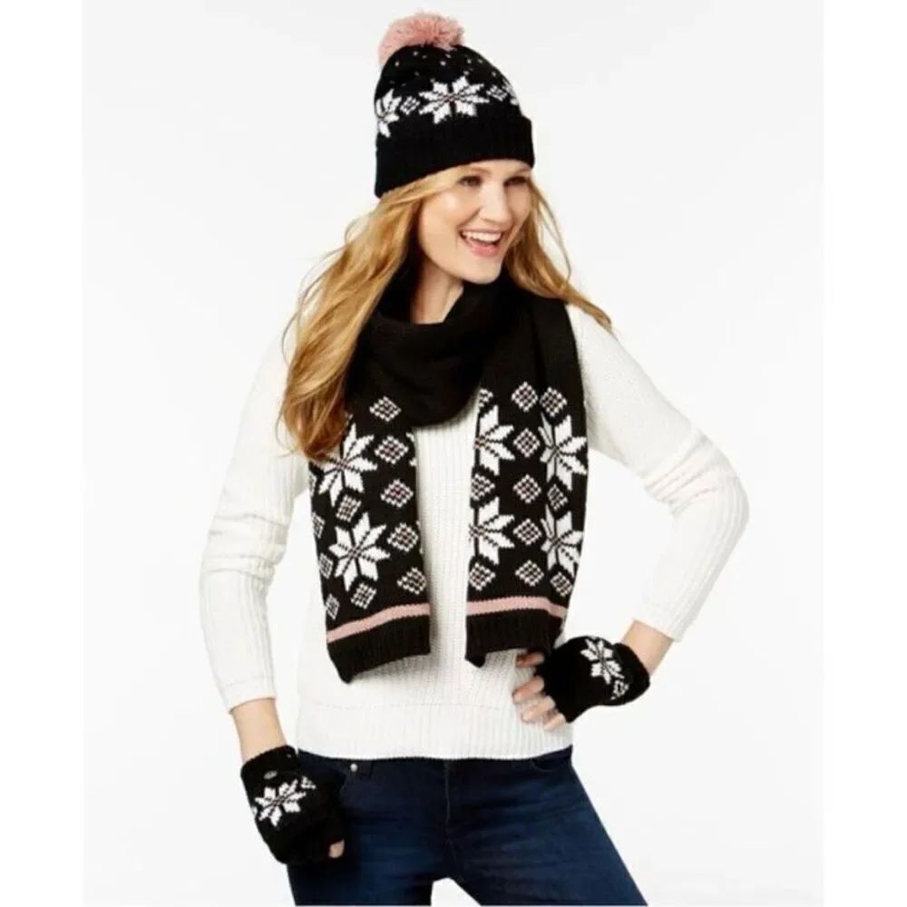 NWT Charter Club Black & White Snowflakes Nordic Beanie Pom Pom Gloves 2 Pc Set